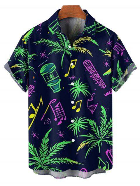 Chemise de Fête Boutonnée Notes de Musique Imprimées à Manches Roulées pour Homme