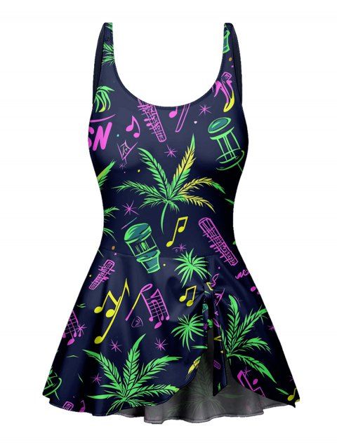 Music Festival Colorful Music Note Leaf Print One Piece Swimsuit Bownknot Adjustable Buckle Strap Beach Swimwear
