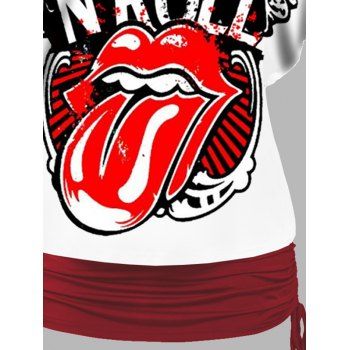 Rolling Stones Print Oblique Shoulder T-shirt And Cinched V Neck Spaghetti Strap Camisole Two Piece Set