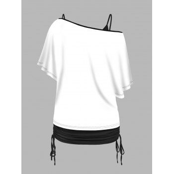 Five Finger Death Punch Print Oblique Shoulder T-shirt And Cinched V Neck Spaghetti Strap Camisole Two Piece Set 