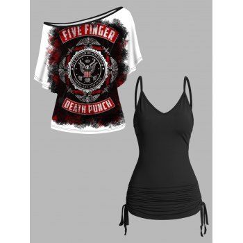 Five Finger Death Punch Print Oblique Shoulder T-shirt And Cinched V Neck Spaghetti Strap Camisole Two Piece Set 