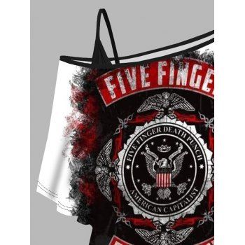 Five Finger Death Punch Print Oblique Shoulder T-shirt And Cinched V Neck Spaghetti Strap Camisole Two Piece Set