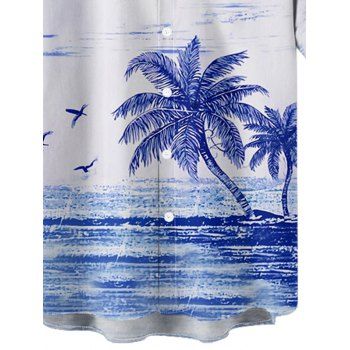 Men`s Coconut Tree Seagull Print Shirt Roll Up Sleeve Button Up Beach Hawaii Shirt 