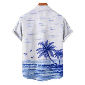 Men`s Coconut Tree Seagull Print Shirt Roll Up Sleeve Button Up Beach Hawaii Shirt 