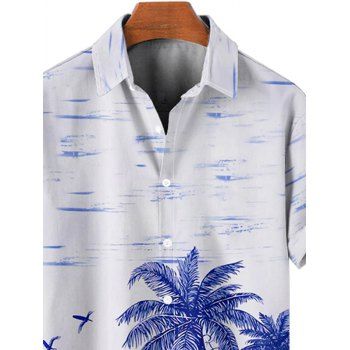 Men`s Coconut Tree Seagull Print Shirt Roll Up Sleeve Button Up Beach Hawaii Shirt 