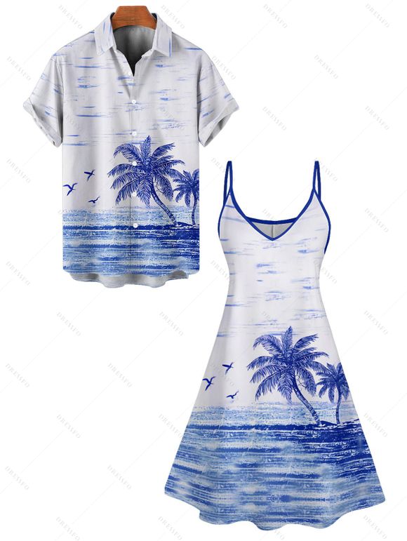 Vacation Couple Outfit Coconut Tree Seagull Print Sleeveless A Line Dress and Men's Roll Up Sleeve Shirt Hawaii Two Piece Set - Blanc S | US 4