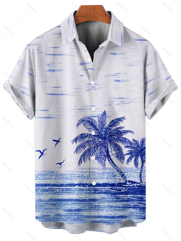 Chemise de Plage Hawaiien Imprimé Cocotier à Manches Roulées pour Homme - Blanc XL