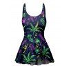 Music Festival Colorful Music Note Leaf Print One Piece Swimsuit Bownknot Adjustable Buckle Strap Beach Swimwear - BLACK XXL | US 14
