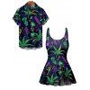 Music Festival Couple Outfit Colorful Music Note Leave Print Bowknot One Piece Swimsuit and Men's Roll Up Sleeve Shirt Gothic Two Piece Set - Noir S | US 4