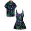 Music Festival Couple Outfit Colorful Music Note Leave Print Bowknot One Piece Swimsuit and Men's Roll Up Sleeve Shirt Gothic Two Piece Set - Noir S | US 4