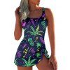 Music Festival Couple Outfit Colorful Music Note Leave Print Bowknot One Piece Swimsuit and Men's Roll Up Sleeve Shirt Gothic Two Piece Set - Noir S | US 4