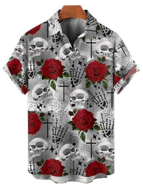 Chemise de Vacances Gothique Rose Crâne Motif de Squelette Boutonnée à Manches Roulées pour Homme