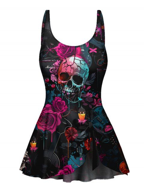 Music Festival Rose Skulls Pattern Bowknot One Piece Swimsuit Adjustable Strap Padded Gothic Swimwear