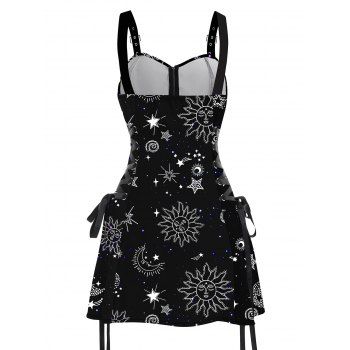 Sun Star Print Dress Half Zipper Lace Up High Waisted Strap A Line Mini Dress 