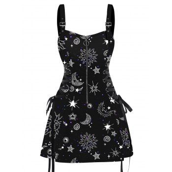 Sun Star Print Dress Half Zipper Lace Up High Waisted Strap A Line Mini Dress 