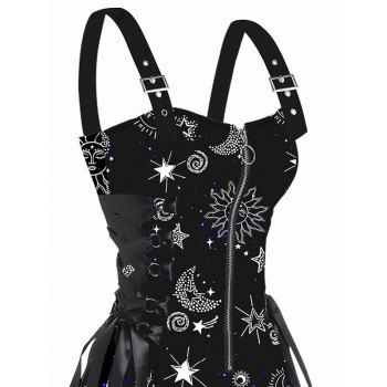 Sun Star Print Dress Half Zipper Lace Up High Waisted Strap A Line Mini Dress