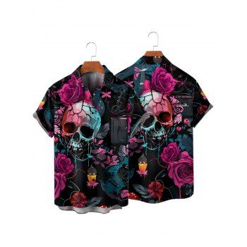 Men's Music Festival Shirt Rose Skulls Guitar Pattern Roll Up Sleeve Button Up Gothic Shirt