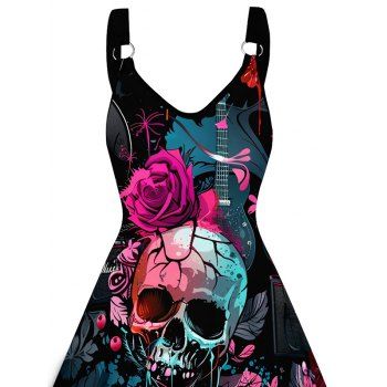 Music Festival Rose Skulls Guitar Pattern Dress O Ring Strap Sleeveless A Line Gothic Dress