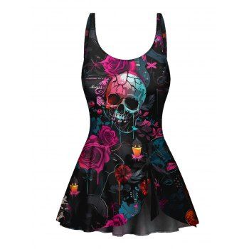 Music Festival Rose Skulls Pattern Bowknot One Piece Swimsuit Adjustable Strap Padded Gothic Swimwear 