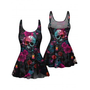 Music Festival Rose Skulls Pattern Bowknot One Piece Swimsuit Adjustable Strap Padded Gothic Swimwear 