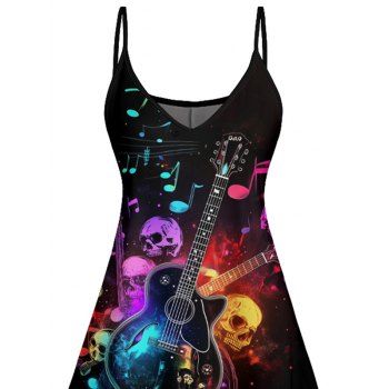 Music Festival Colorful Skulls Guitar Music Note Pattern Dress Spaghetti Strap A Line Gothic Dress