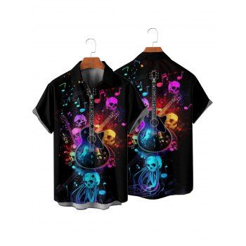 Music Festival Couple Outfit Colorful Guitar Music Note Skulls Pattern A Line Dress and Men's Roll Up Sleeve Two Piece Set