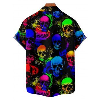Men`s Gothic Shirt Colorful Skull Print Button Up Roll Up Sleeve Music Festival Shirt 