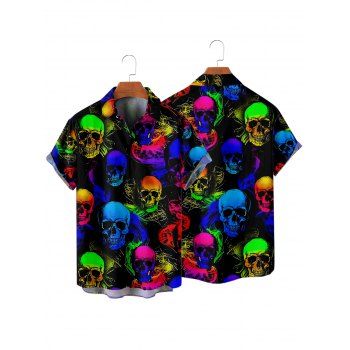 Men`s Gothic Shirt Colorful Skull Print Button Up Roll Up Sleeve Music Festival Shirt 