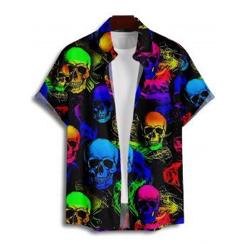Men`s Gothic Shirt Colorful Skull Print Button Up Roll Up Sleeve Music Festival Shirt 