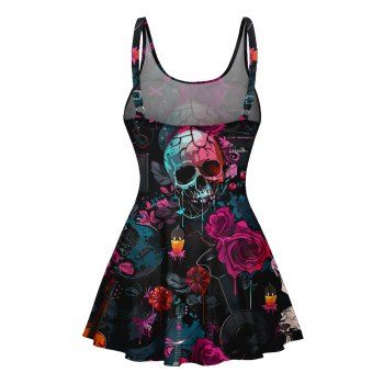 Music Festival Rose Skulls Pattern Bowknot One Piece Swimsuit Adjustable Strap Padded Gothic Swimwear