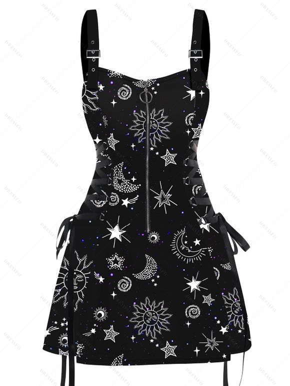 Mini Robe Ligne A à Bretelle à Imprimé Etoile Soleil à Taille Haute à Lacets - Noir S