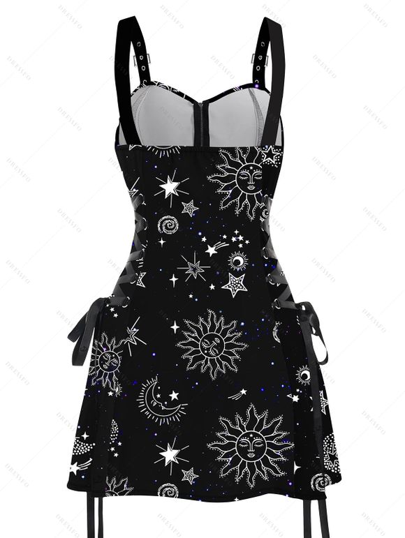 Mini Robe Ligne A à Bretelle à Imprimé Etoile Soleil à Taille Haute à Lacets - Noir S