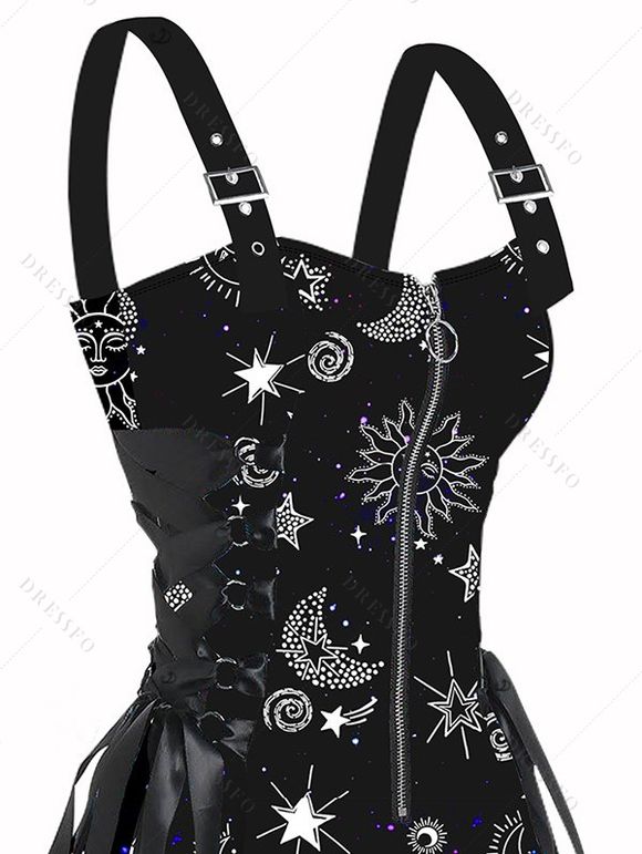 Mini Robe Ligne A à Bretelle à Imprimé Etoile Soleil à Taille Haute à Lacets - Noir S