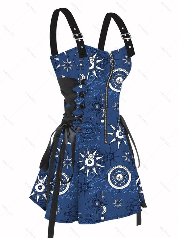 Mini Robe Ligne A à Bretelle à Imprimé Etoile Soleil à Taille Haute à Lacets - Bleu profond L