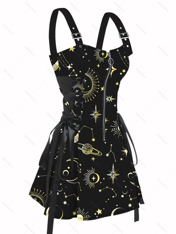 Mini Robe Ligne A à Bretelle à Imprimé Etoile Soleil à Taille Haute à Lacets - d'or S