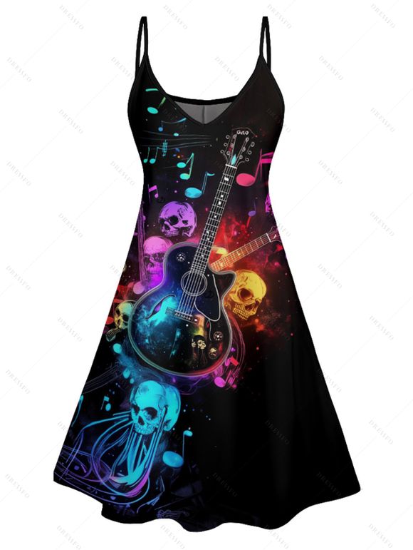 Robe Gothique Ligne A à Bretelle Fine Motif de Notes de Musique et de Guitare Colorée - Noir S | US 4