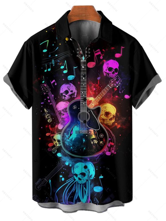 Chemise de Fête Des Hommes Gothique et de Notes de Musique Imprimées à Manches Roulées - Noir 4XL