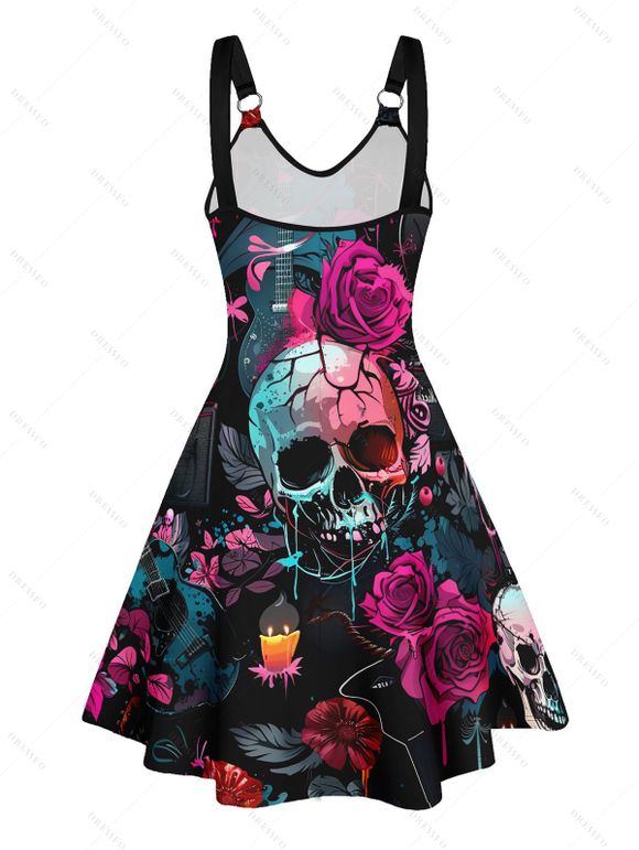 Robe de Soirée Gothique Ligne A Rose Crâne Boucle en O sans Manches - Noir XXL | US 14