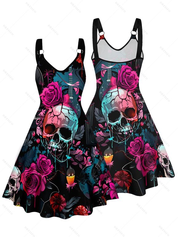 Robe de Soirée Gothique Ligne A Rose Crâne Boucle en O sans Manches - Noir XXL | US 14