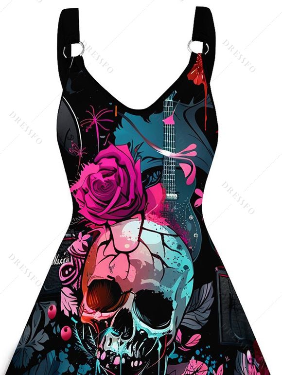 Robe de Soirée Gothique Ligne A Rose Crâne Boucle en O sans Manches - Noir XXL | US 14