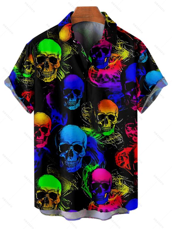 Chemise de Fête Crâne Colorée et Musique Imprimées Boutonnée à Manches Roulées - Noir M