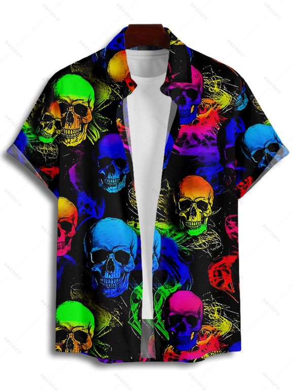Chemise de Fête Crâne Colorée et Musique Imprimées Boutonnée à Manches Roulées - Noir M