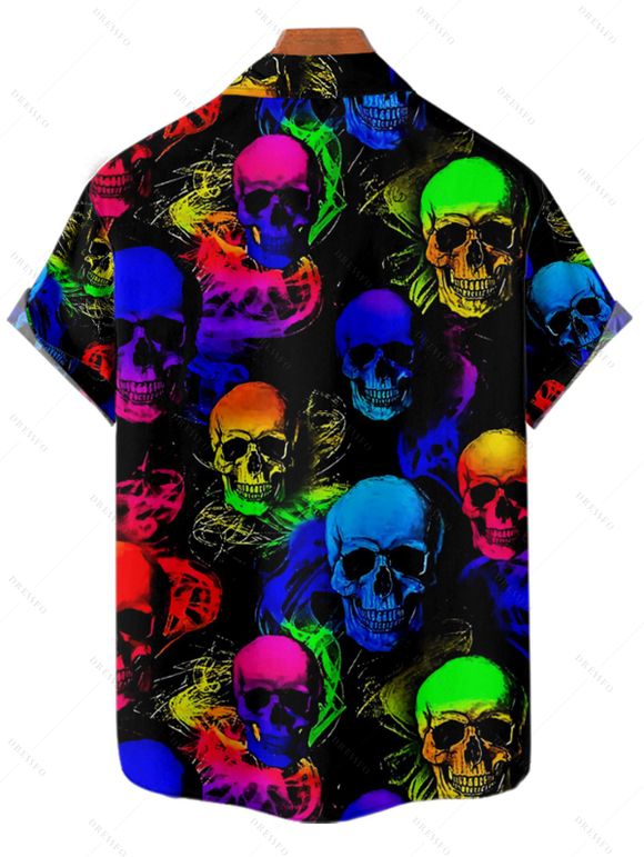 Chemise de Fête Crâne Colorée et Musique Imprimées Boutonnée à Manches Roulées - Noir M