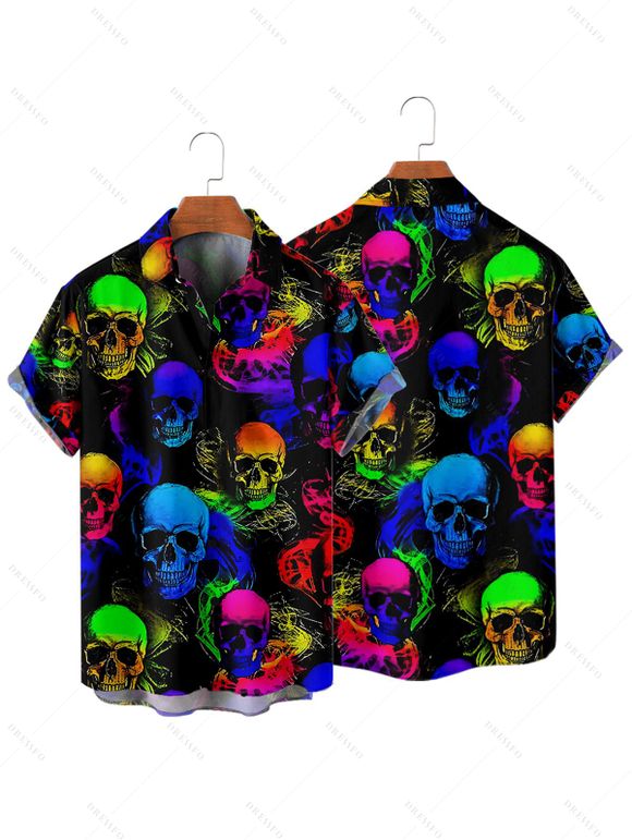 Chemise de Fête Crâne Colorée et Musique Imprimées Boutonnée à Manches Roulées - Noir M