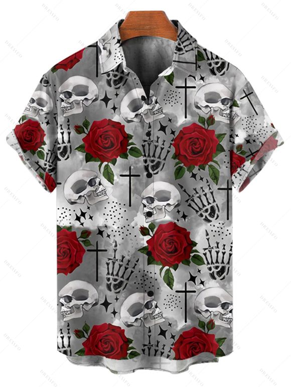 Chemise de Vacances Gothique Rose Crâne Motif de Squelette Boutonnée à Manches Roulées pour Homme - Gris M