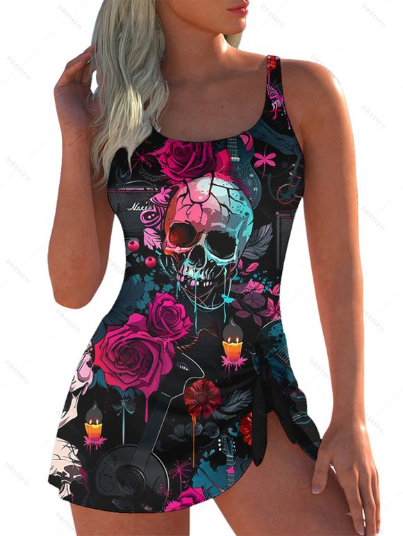 Maillot de Bain 1 Pièce Gothique Rembourré à Rose et Crâne à Noeud Papillon - Noir S | US 4