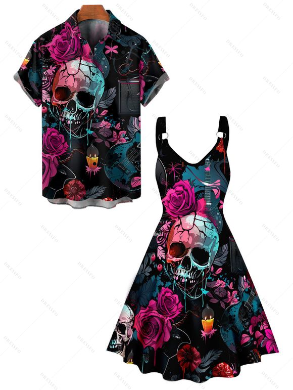 Music Festival Couple Outfit Rose Skulls Guitar Pattern A Line Dress and Men's Roll Up Sleeve Gothic Two Piece Set - Noir S | US 4