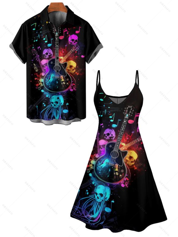 Music Festival Couple Outfit Colorful Guitar Music Note Skulls Pattern A Line Dress and Men's Roll Up Sleeve Two Piece Set - Noir S | US 4