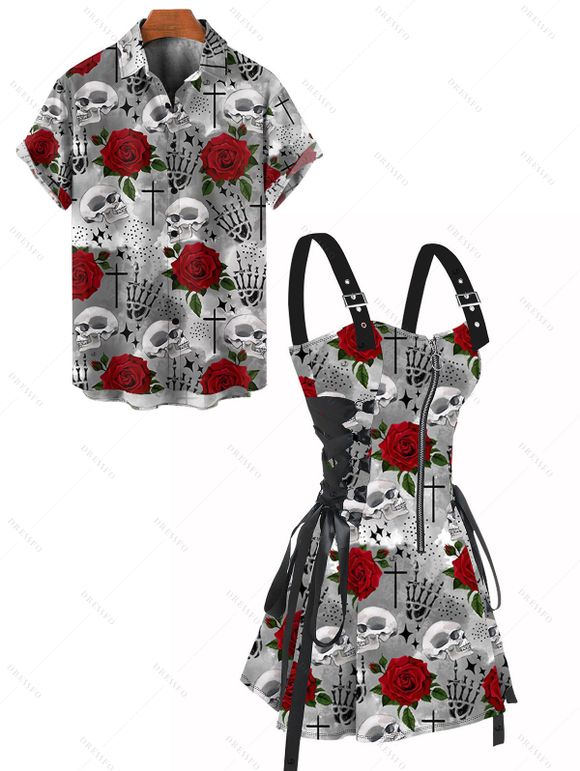 Gothic Couple Outfit Rose Skulls Skeleton Pattern Lace Up Half Zipper A Line Dress and Men's Roll Up Sleeve Shirt Two Piece Set - Gris S | US 4