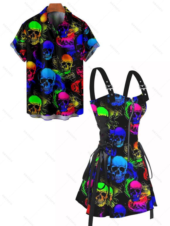 Gothic Couple Outfit Colorful Skulls Print Lace Up Half Zipper A Line Dress and Men's Roll Up Sleeve Two Piece Set - Noir S | US 4